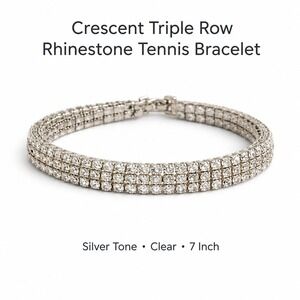 Crescent Triple Row Rhinestone Tennis Bracelet Silver Tone Clear 7 Inch‎ Formal